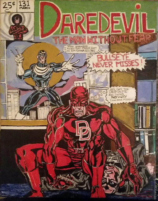 A recreation of Marvel's Daredevil comic front page having Bullseye and Daredevil by artist Eddie Morgan.