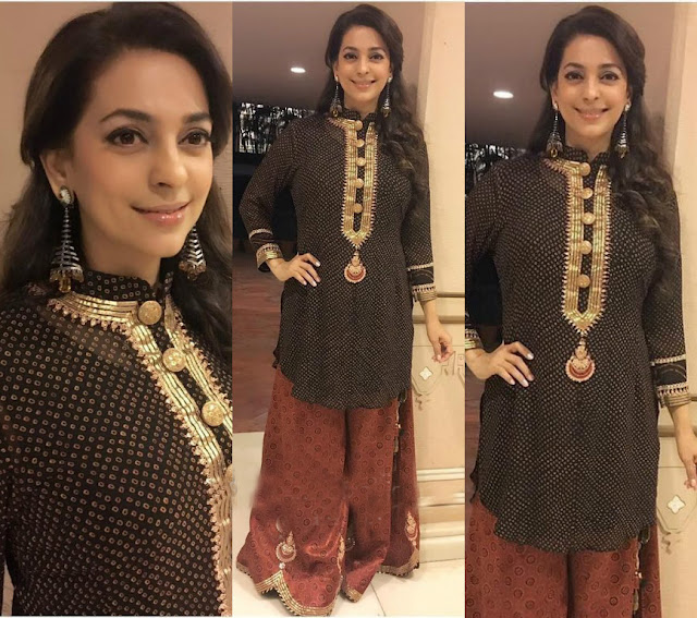 Juhi Chawla in Bandani Sharara Outfit by Sangeeta Kilachand