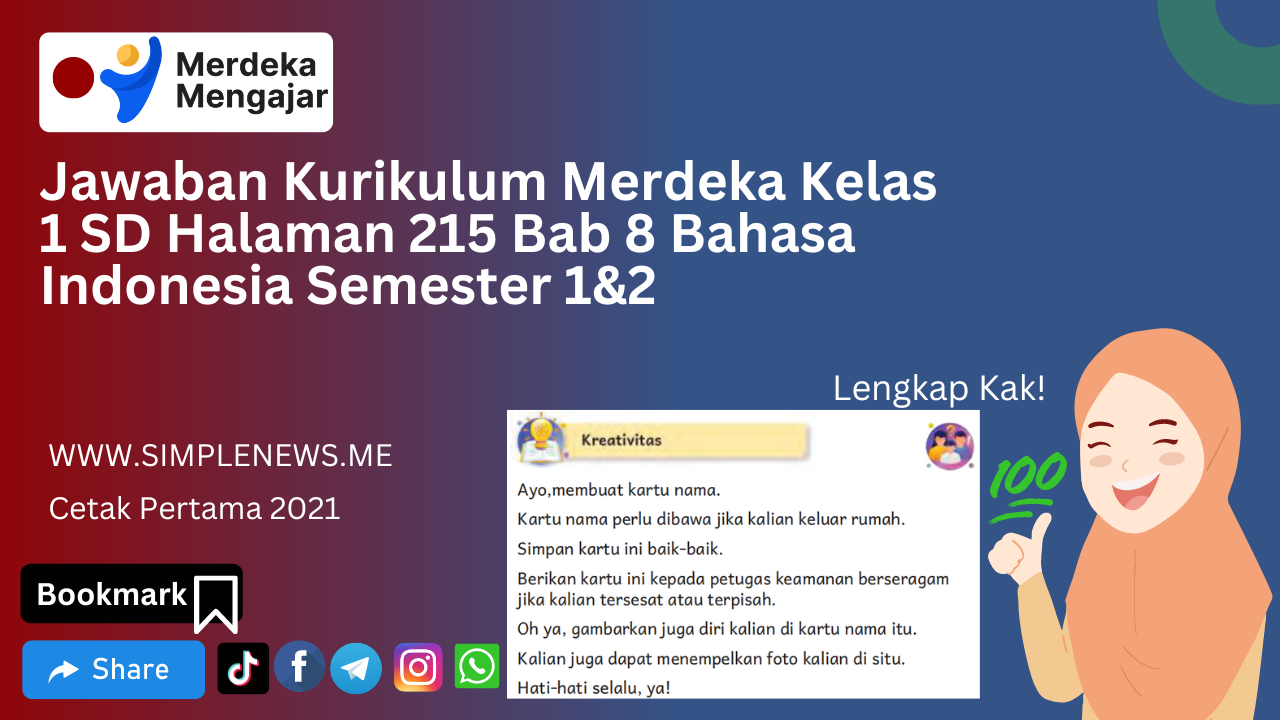 Jawaban Kurikulum Merdeka Kelas 1 SD Halaman 215 Bab 8 Bahasa Indonesia Semester 1&2 www.simplenews.me