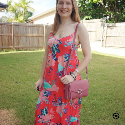 awayfromblue Instagram | Kmart Tropicana sleeveless tiered maxi dress with bracelet stack and Jean MAC bag