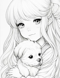 girl with a puppy coloring page