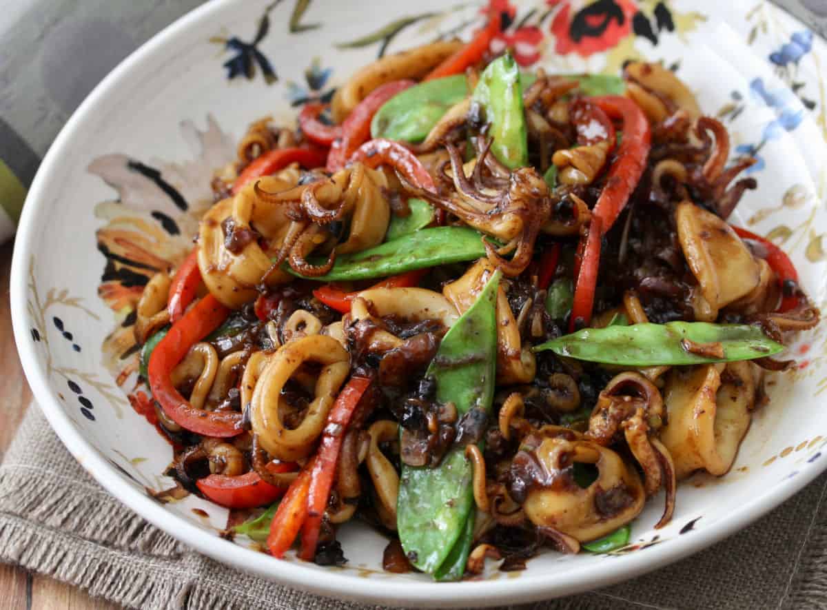 Stir-Fried Squid with Black Bean Sauce in a bowl.