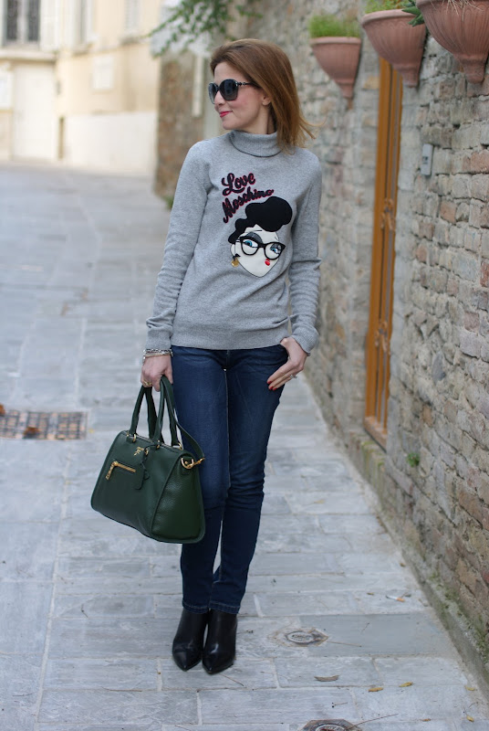 Moschino sweater, wedge ankle boots