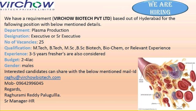 Virchow Biotech | Recruitment for Plasma Production at Hyderabad | Send CV