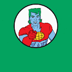 A cartoon of a green-haired superhero saying, "The Planet Needs You!"