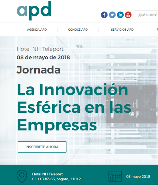 Invitación Especial APD Colombia al evento “La Innovación Esférica en la Empresa”, jornada que se llevará a cabo el  8 de mayo de 2018 en el Gun Club de Bogotá. Este evento es gratuito, esperamos que usted y personas de su equipo nos puedan acompañar. para inscribirse haciendo click en la imagen. 