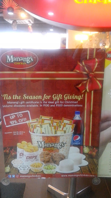 Manang's GCs in Php 100 and Php 500 denominations (volume discount available). Duration is from October 20, 2016 to January 8, 2017.