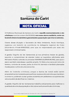 S DO CARIRI - GOVERNO MUNICIPAL EMITE NOTA DE REPUDIO  DO INCÊNDIO CRIMINOSO OCORRIDO NO ATERRO SANITÁRIO 
