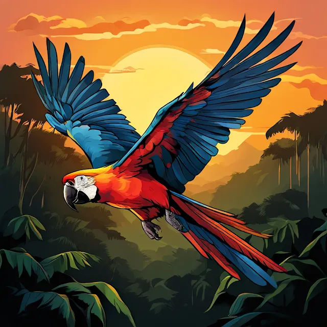 Guacamaya bandera volando sobre selva tropical al amanecer. Imagen digital