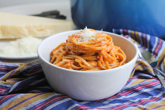 Food Lust People Love: Bright in color and flavor, this red pesto linguine is a spicy bowl of deliciousness made with anchovies and Fresno peppers. It’s even great as leftovers so make the whole recipe.