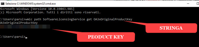 product key ricavato com prompt comandi