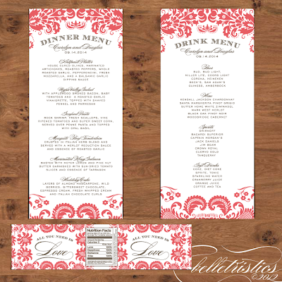 elegant coral damask diy printable wedding menu water label design