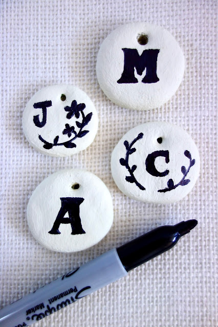 blah to TADA, salt dough ornaments, salt dough crafts, gift wrapping ideas, handmade gift topper, monogram pendants, Sharpie crafts, brush lettering,