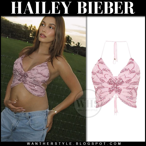Hailey Bieber in pink embellished crop top