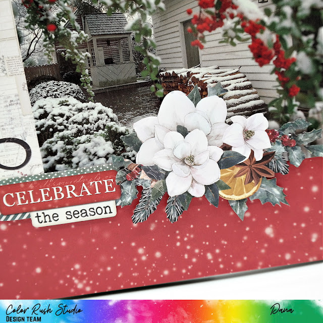 Christmas scrapbook layout created with the Simple Stories Simple Vintage 'Tis The Season collection and festive Color Rush Studio embellishments.