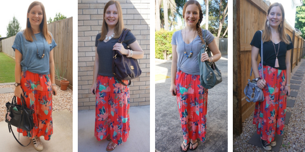 4 outfits ideas for kmart floral tiered maxi dress layered with tees awayfromblue blog