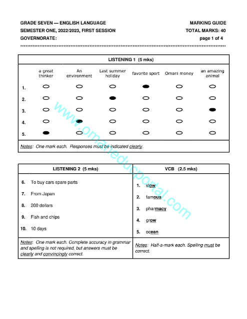 نموذج اجابة امتحان اللغة الانجليزية للصف السابع الفصل الاول الدور الاول 2022-2023 محافظة الداخلية