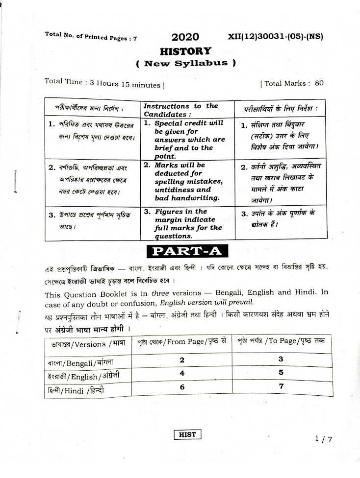 HS History question paper 2020