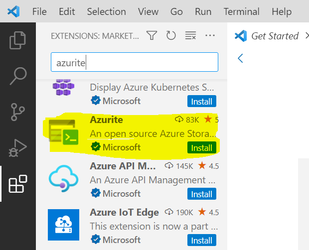 Add Azurite extension in Visual Studio