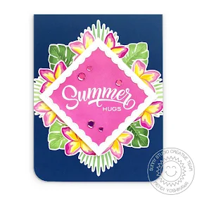 Sunny Studio Blog: Tropical Flowers Summer Hugs Pink & Navy Diamond Card (using Radiant Plumeria & Fancy Frames Square Dies)