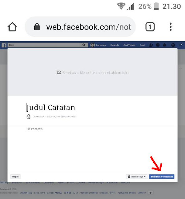 Terbitkan pembaruan catatan facebook