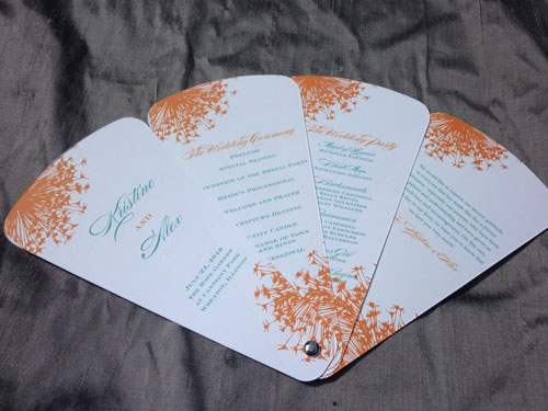 Dandelion fan in aqua orange Buzzing Garden wedding program 