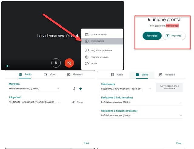 selezionare i dispositivi audio e video da usare per la videoconferenza