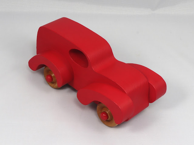 Handmade Wood Toy Truck Fat Fendered Freaky Ford Panel Wagon Hand Painted With Bright Red Acrylic Paint and Amber Shellac