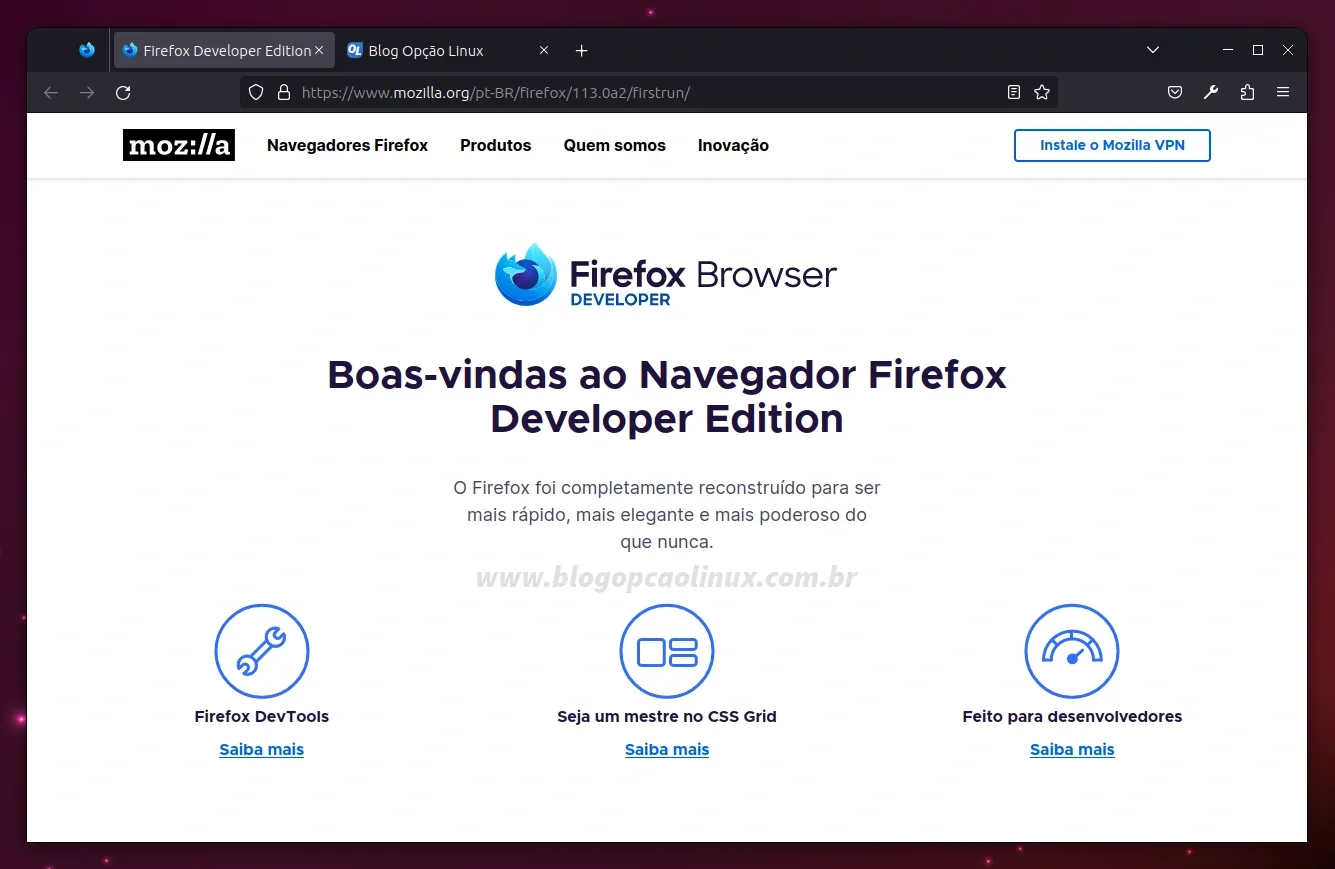 Mozilla Firefox Developer executando no Ubuntu 23.04 (Lunar Lobster)