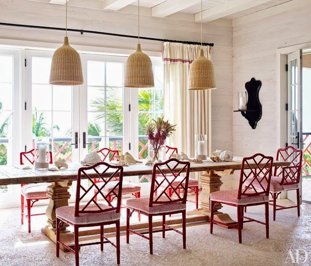 beautiful neutral dining room gold red pop of color fretwork chairs 