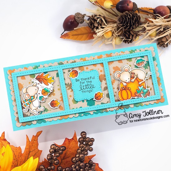 Autumn Mice Stamp and Die Set, Falling Leaves Stencil, Slimline Frames and Portholes Die Set, Slimline Frames and Windows Die Set by Newton's Nook Designs #newtonsnook #handmade