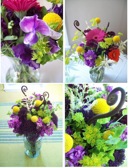 Ann Arbor Florist, sweet pea floral design, wedding flowers, arrangements, colorful, outdoor woodsy, astilbe, gerbera, sweet pea, purple, mustard, craspedia, trachillium, buplerum, kermit green, mason jar blue