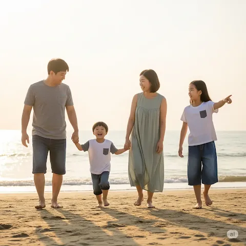 포항 영일대해수욕장 해변에서 여유롭게 산책하는 가족의 풍경