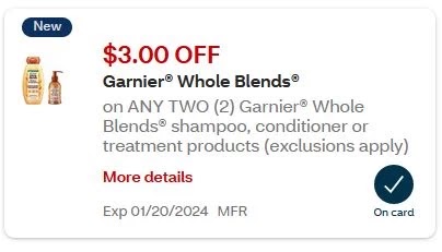 Garnier Whole Blends Shampoo, Conditioner Or Treatment Products CVS APP MFR Digital Coupon (go to CVS App)