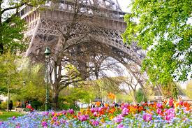 Eiffel tower in spring; eiffel tower surrounded by tulips and spring flowers.