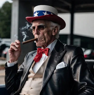 Uncle Sam wearing a leather blazer with a bow tie red white and blue hat and smoking a cigar with sunglasses on