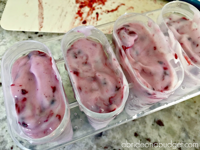 If you're looking for a delicious wedding diet friendly treat, check out these Blackberry Yogurt Popsicles from www.abrideonabudget.com. They're only 2 Ingredients!