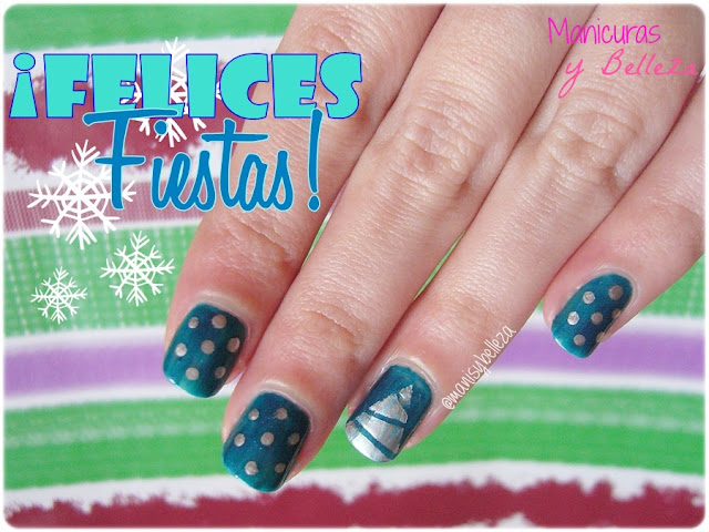 christmas nail art nails manicura navideña uñas navidad azul azules dots puntos nail tape manicure dotting tool blue silver plata plateado tree arbol de navidad