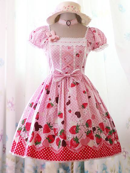 Sweet Pink Strawberry Polka Dot Rococo Lolita Dress