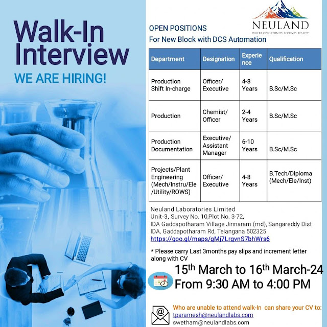 Neuland Laboratories Walk In Interview For Production/ Projects/ Plant Engineering - Multiple Opening