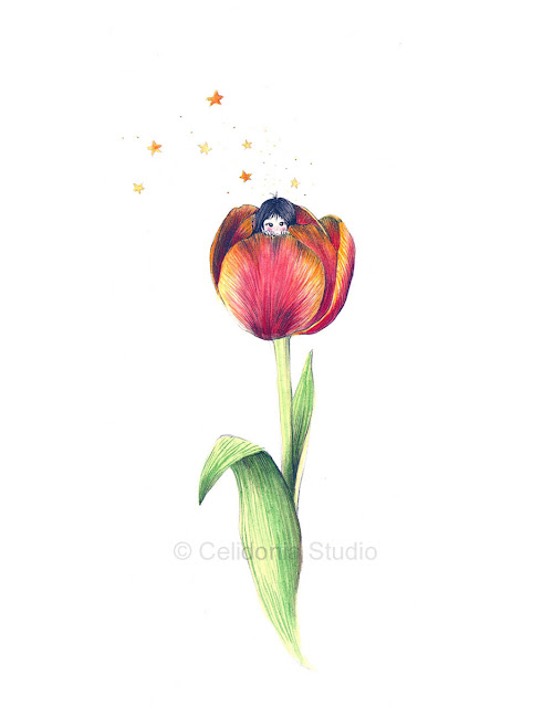 Illustration Friday Shy Tulip with Little Girl