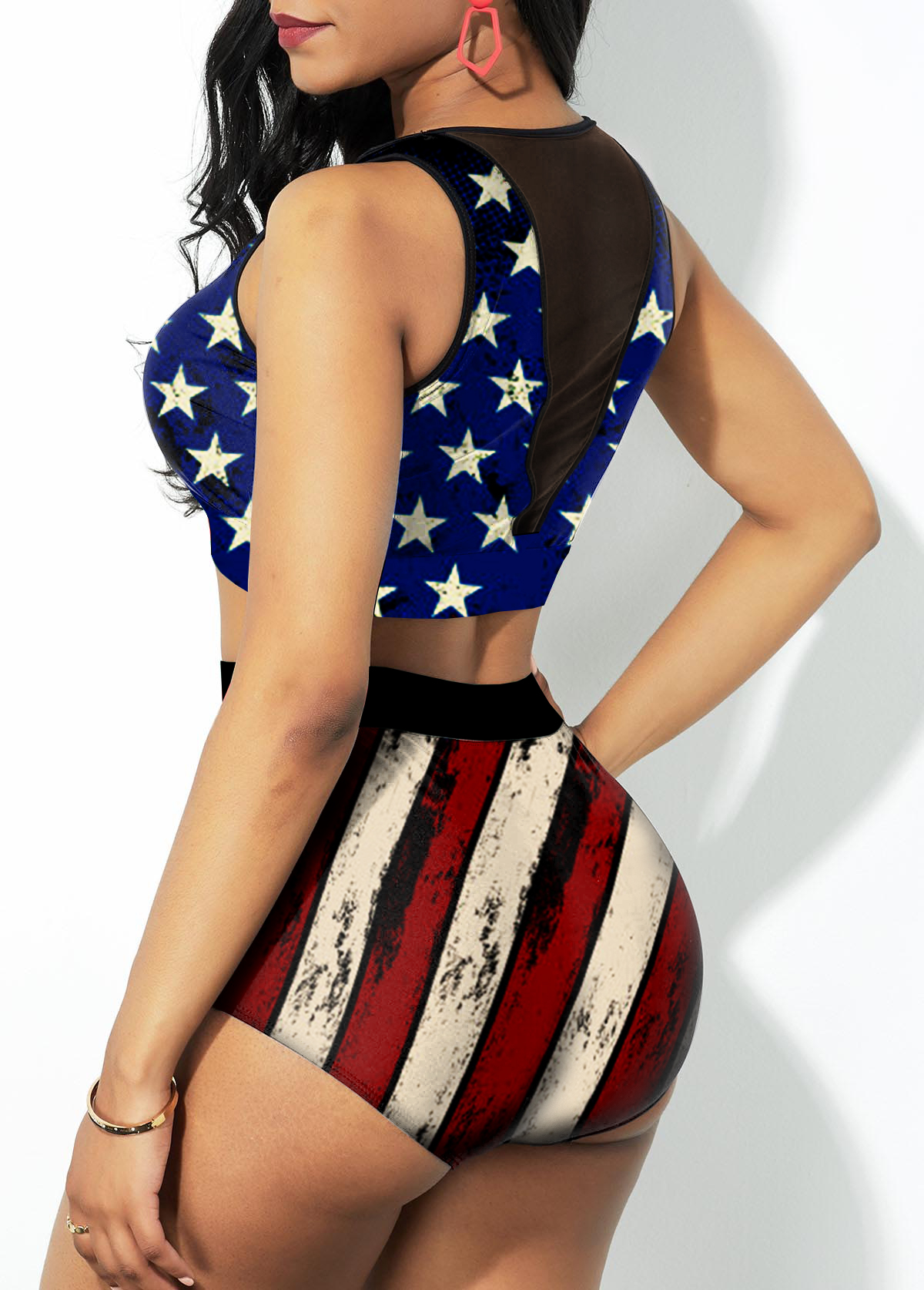 High Waist American Flag Print Mesh Stitching Bikini Set (RMNOnline.net)
