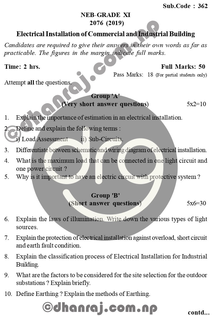 Electrical-Installation-of-Commercial-and-Industrial-Building-Grade-11-XI-Question-Paper-2076-2019-Subject-Code-362-NEB