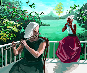 Two femme-appearing people playing instruments on a porch surrounded by greenery.