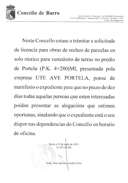 Bando solicitude licencia UTE AVE PORTELA