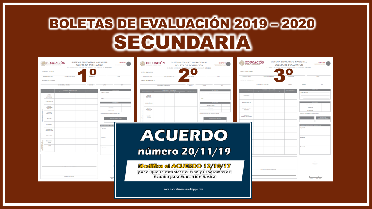 Boletas de evaluación 2019 - 2020 para secundaria