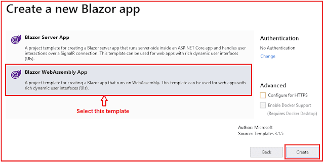 Selecting Blazor WebAssembly App template