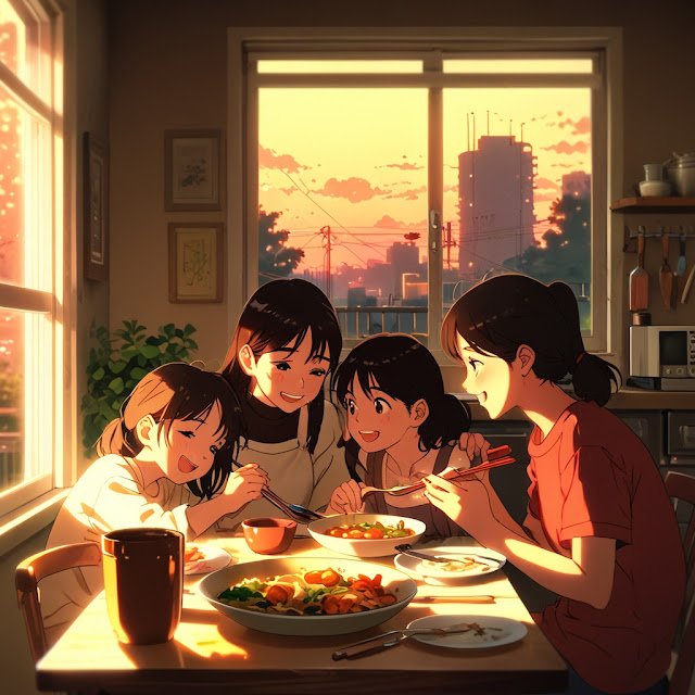 Cozy family dinner seen through window at sunset.