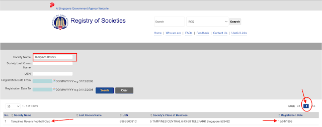 Tampines Rovers' data in Registry of Societies