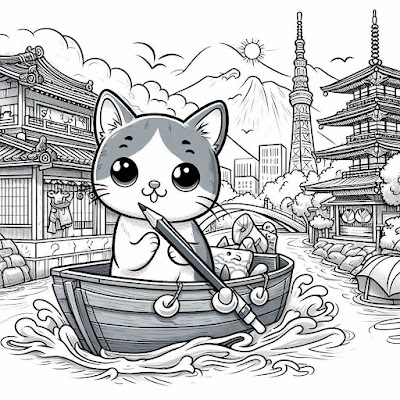 고양이가 배를 타고 일본여행을 하는 이미지. 만화적인 스타일